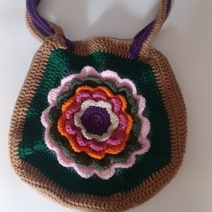 Handmade Multicolor Granny Crochet Ŕound Flower Tote Bag